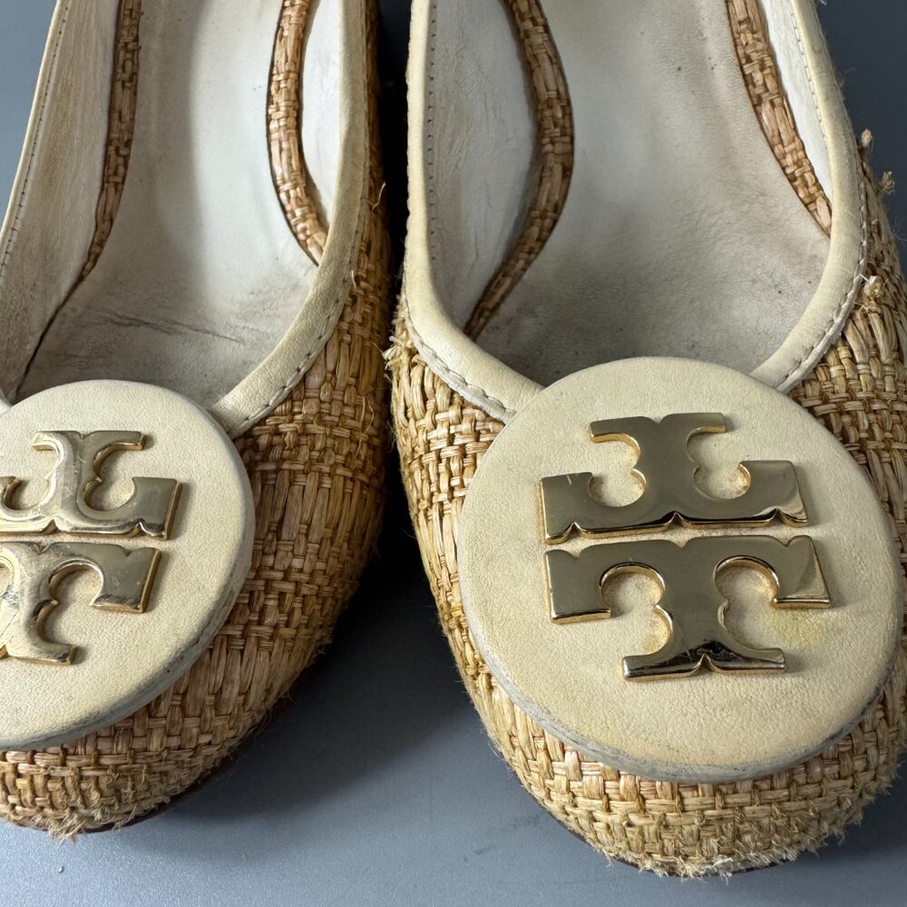 TORY BURCH Tory Burch Beige White Jute Leather Wedge Pumps, Women’s SZ 9 - Picture 2 of 16